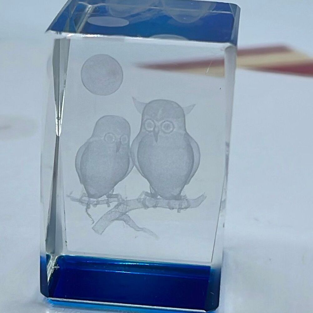 Decorative 3D laser-etched two owls on a branch moon crystal cube paperweight.